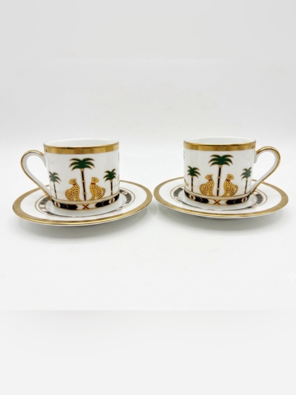 Christian Dior Casablanca Palm Leopard Motif 24K Trim Flat Cup Saucer Set Of 2